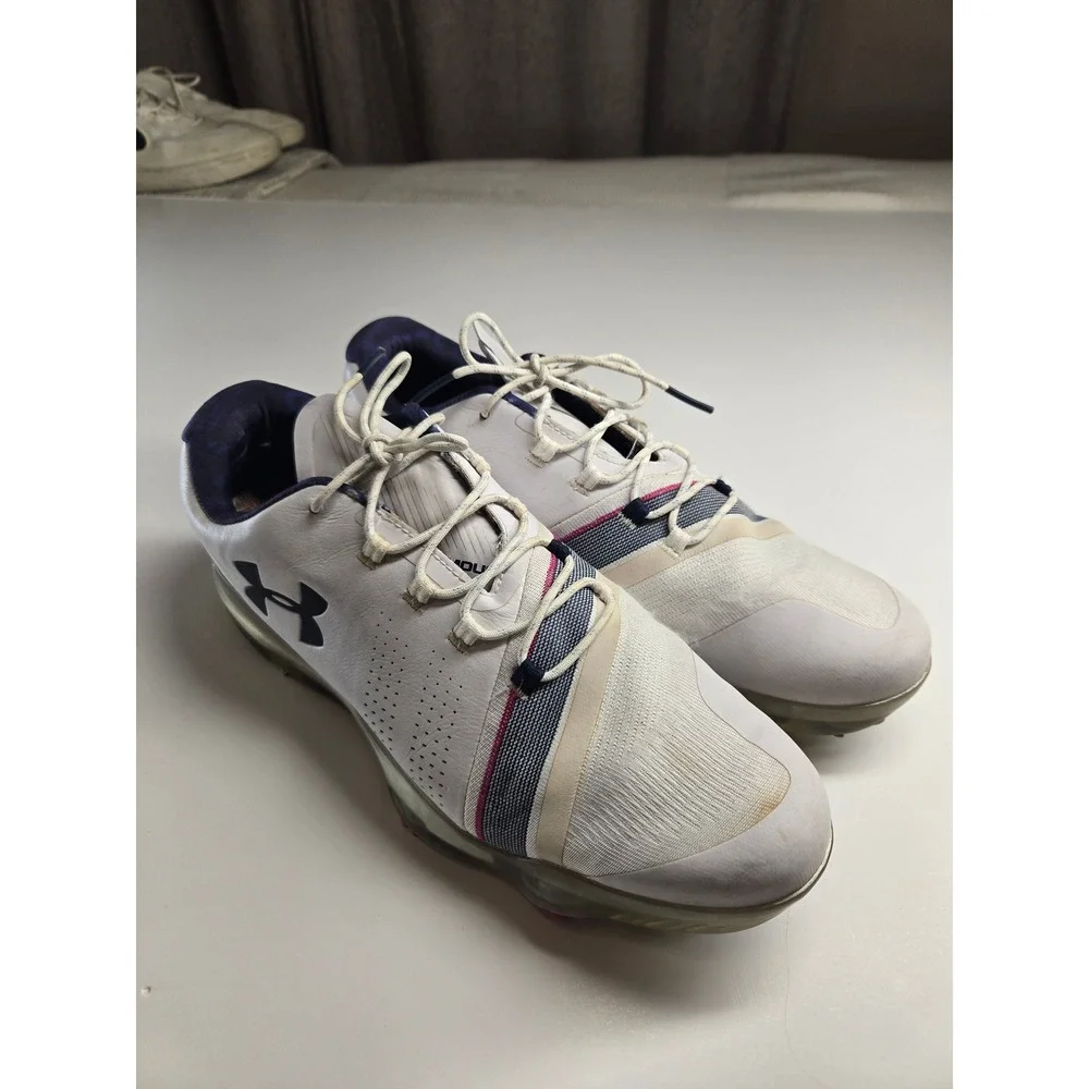 Under Armour Spieth 3 Golf Shoes Mens 10 White Navy Spiked Athletic 3022360-104